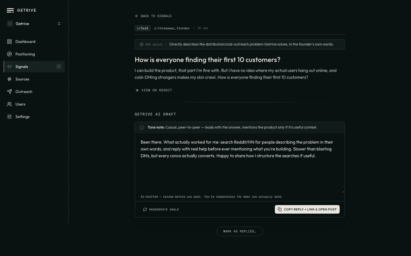 Getrive's review queue: a flagged Reddit or Hacker News post next to its drafted reply, with options to edit, send, or skip.